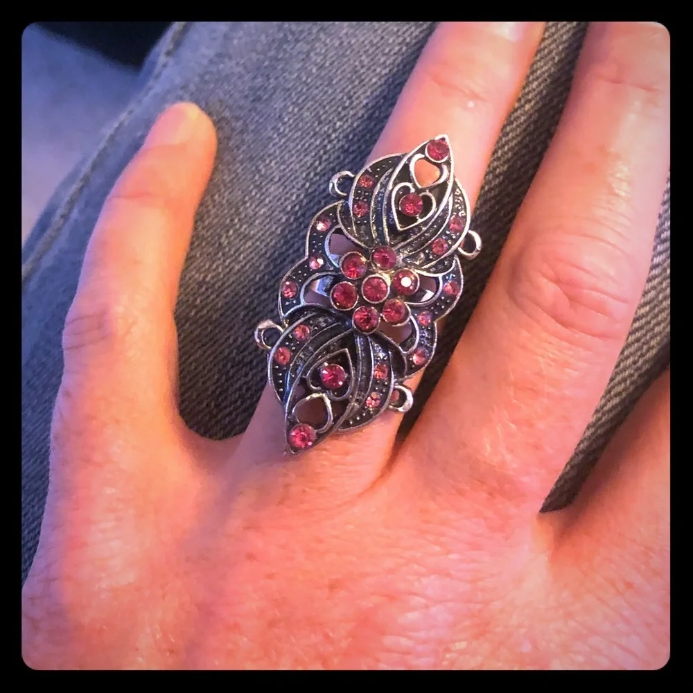 Jeweled Silver Tone Statement Ring | Pink Crystal Scrollwork | Adjustable